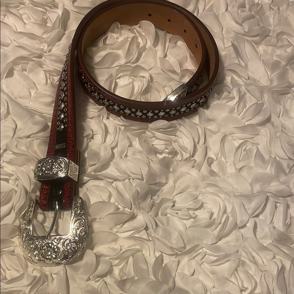 Ariat Silver and Red Belt with Ornate Buckle